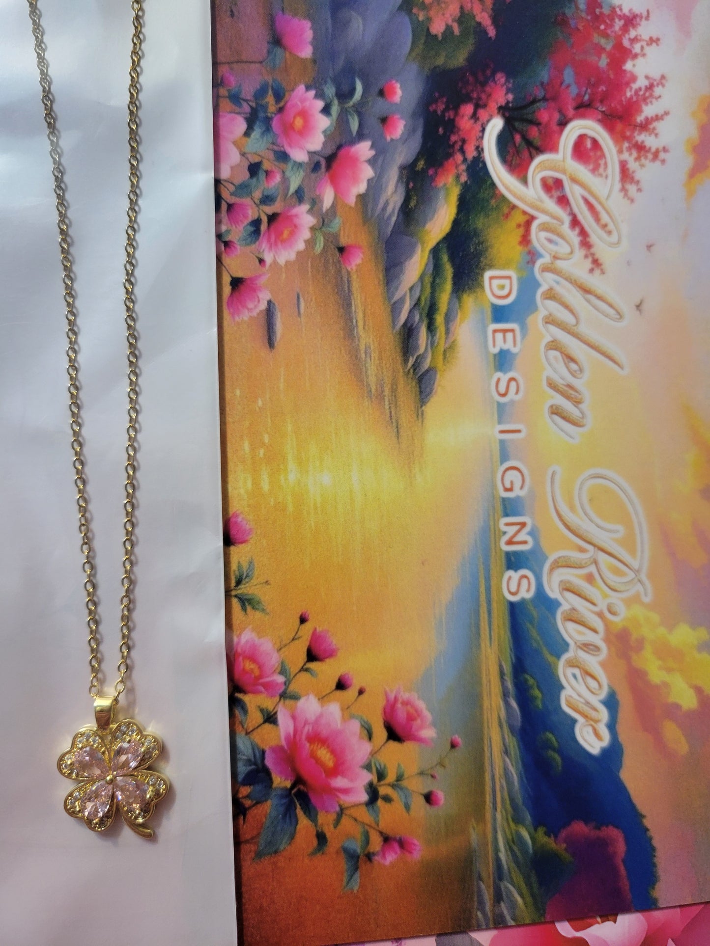 18K Gold Plated Pink Four Leaf Clover Necklace, Zircon Jewelry, Dainty Pendant