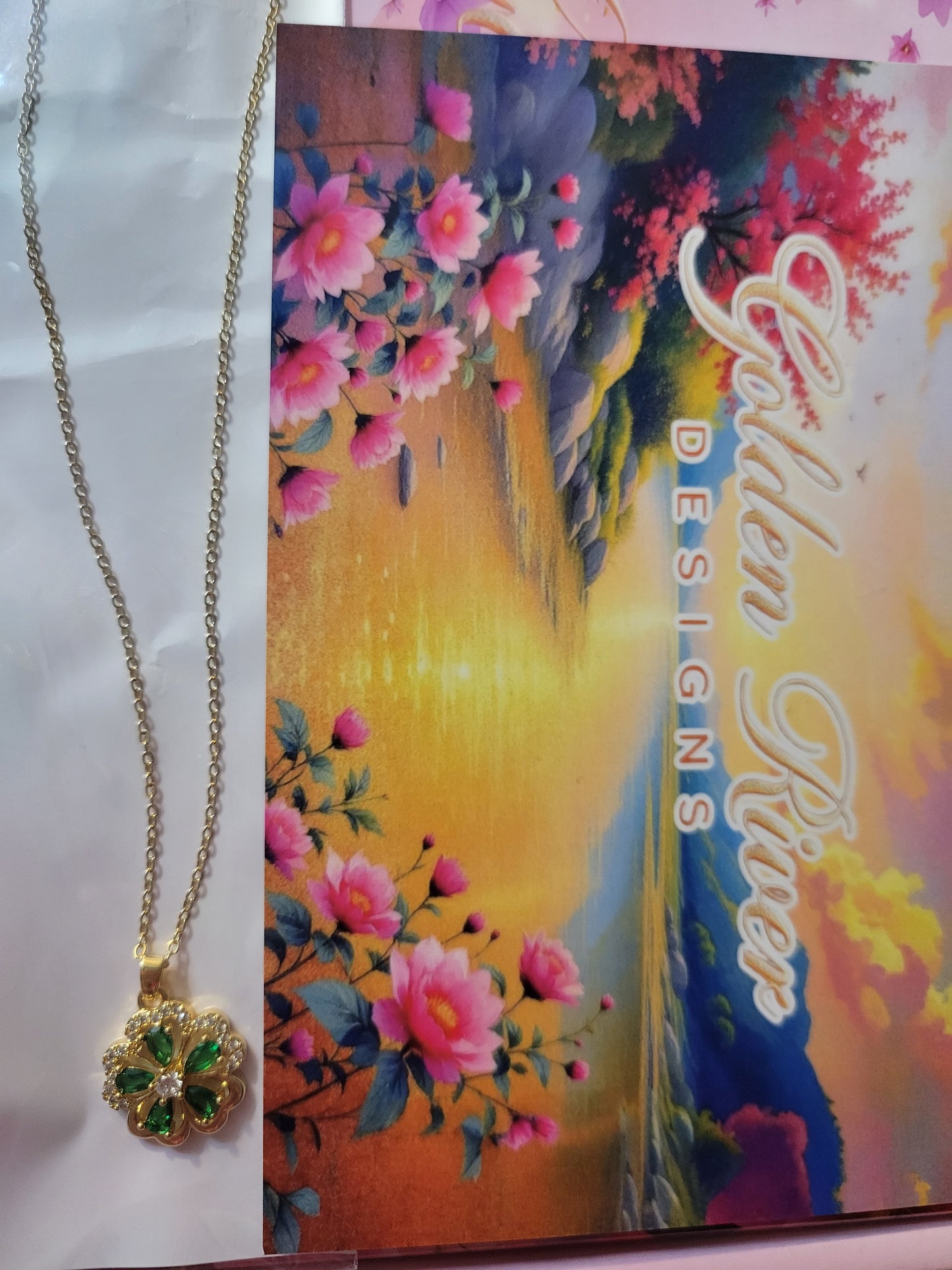 18K Gold Plated Green Flower Necklace, Zircon Jewelry, Dainty Pendant