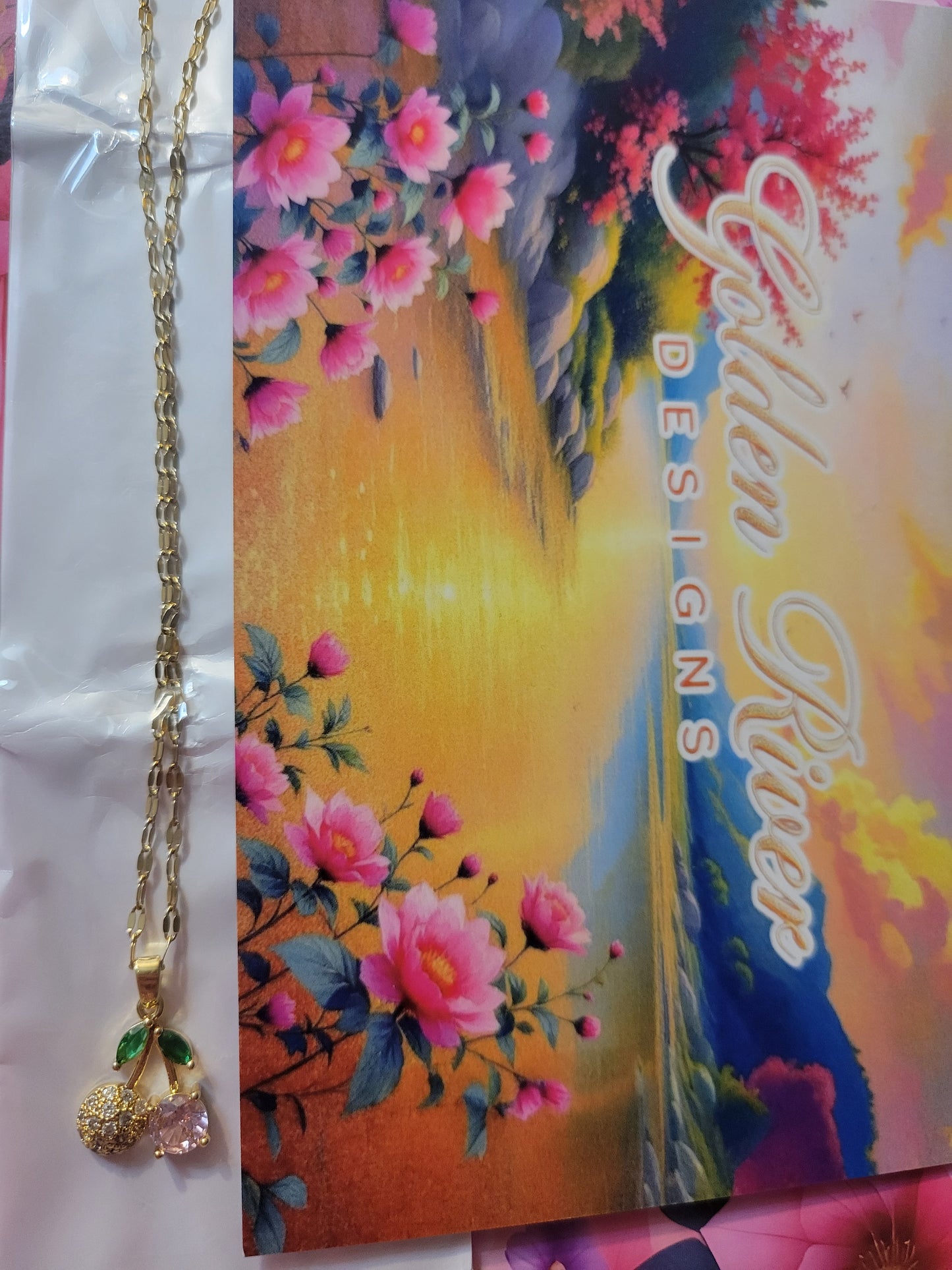 18K Gold Plated Pink Cherry Necklace, Zircon Jewelry, Dainty Pendant