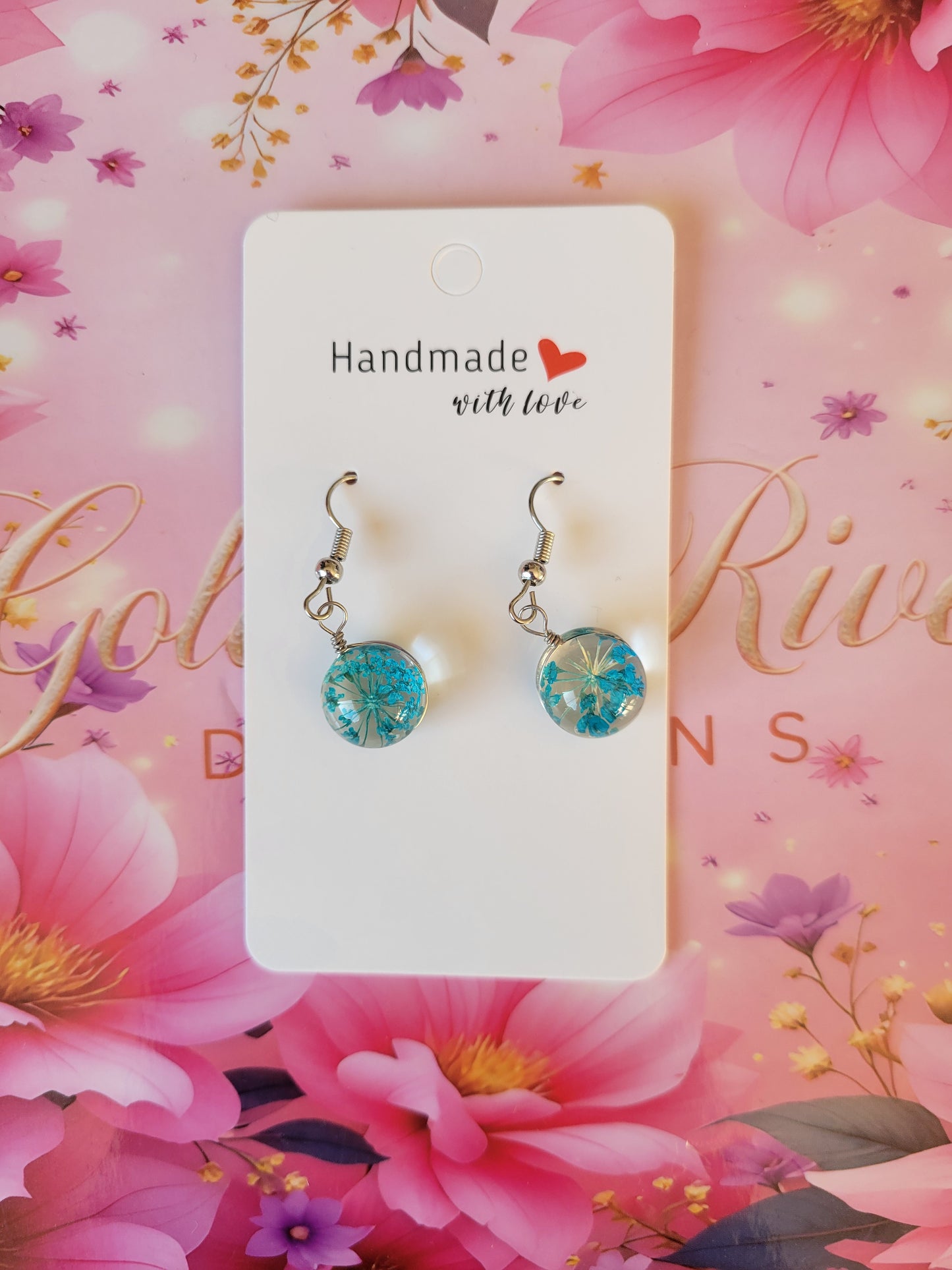 Silver Plated Real Dried Turquoise Flower Resin Earrings - Round