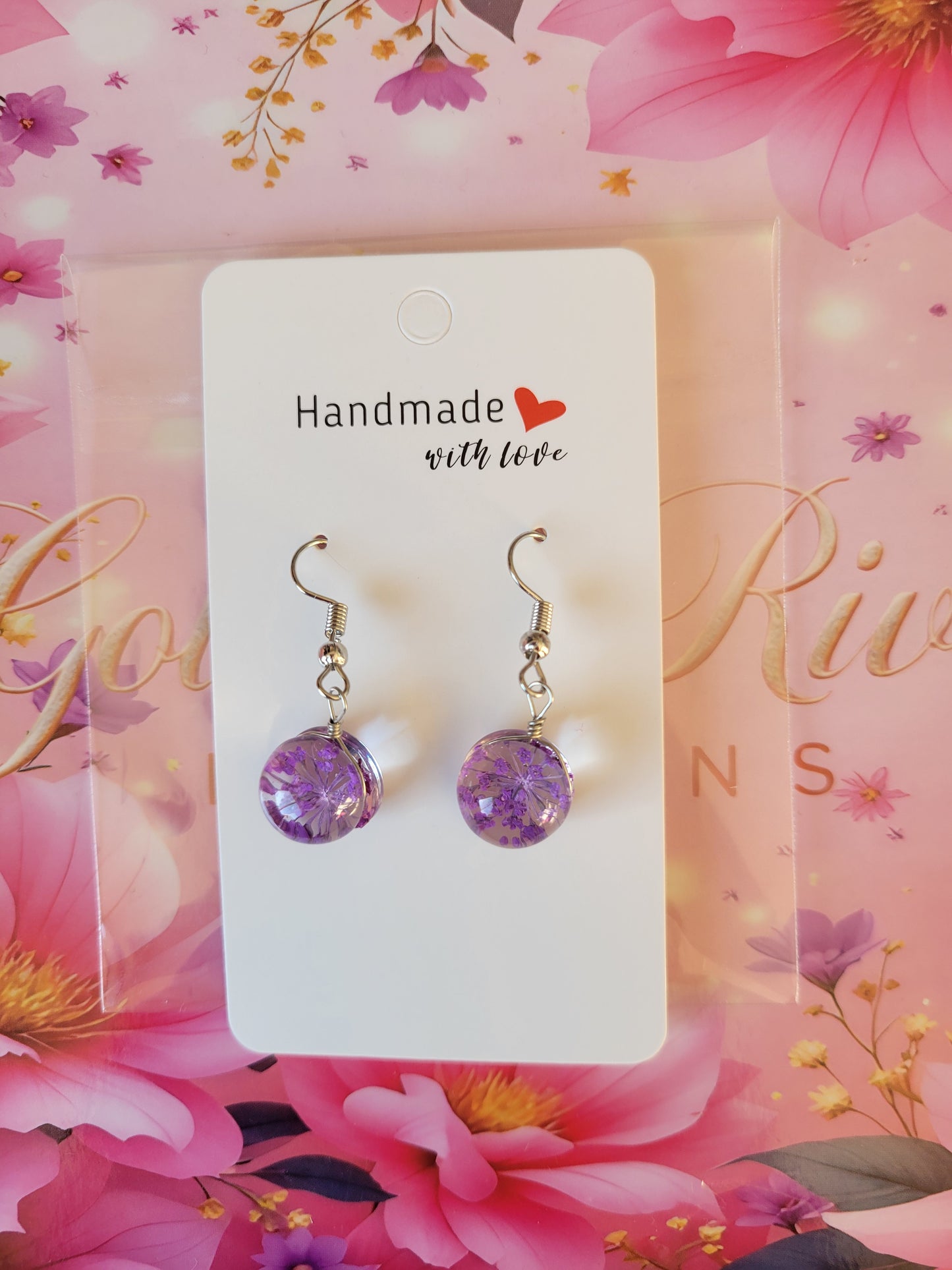 Silver Plated Real Dried Violet Flower Resin Earrings - Round