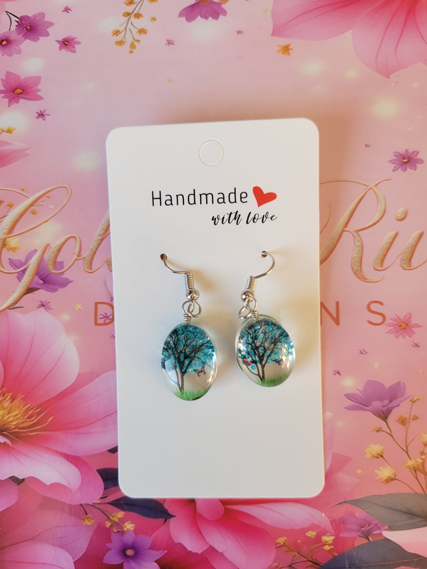 Silver Plated Turquoise Real Dried Flower Resin Earrings