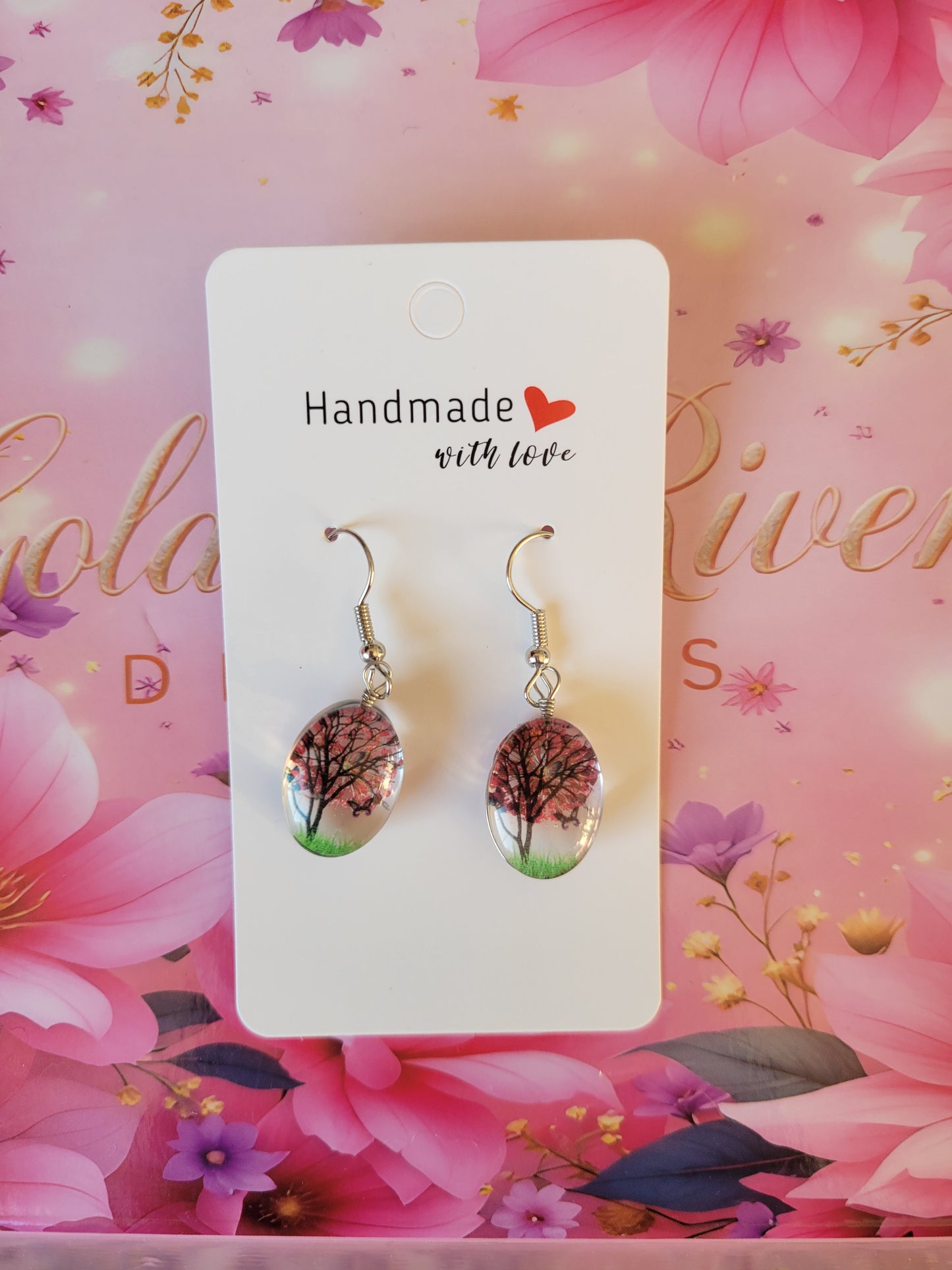 Silver Plated Red Real Dried Flower Resin Earrings