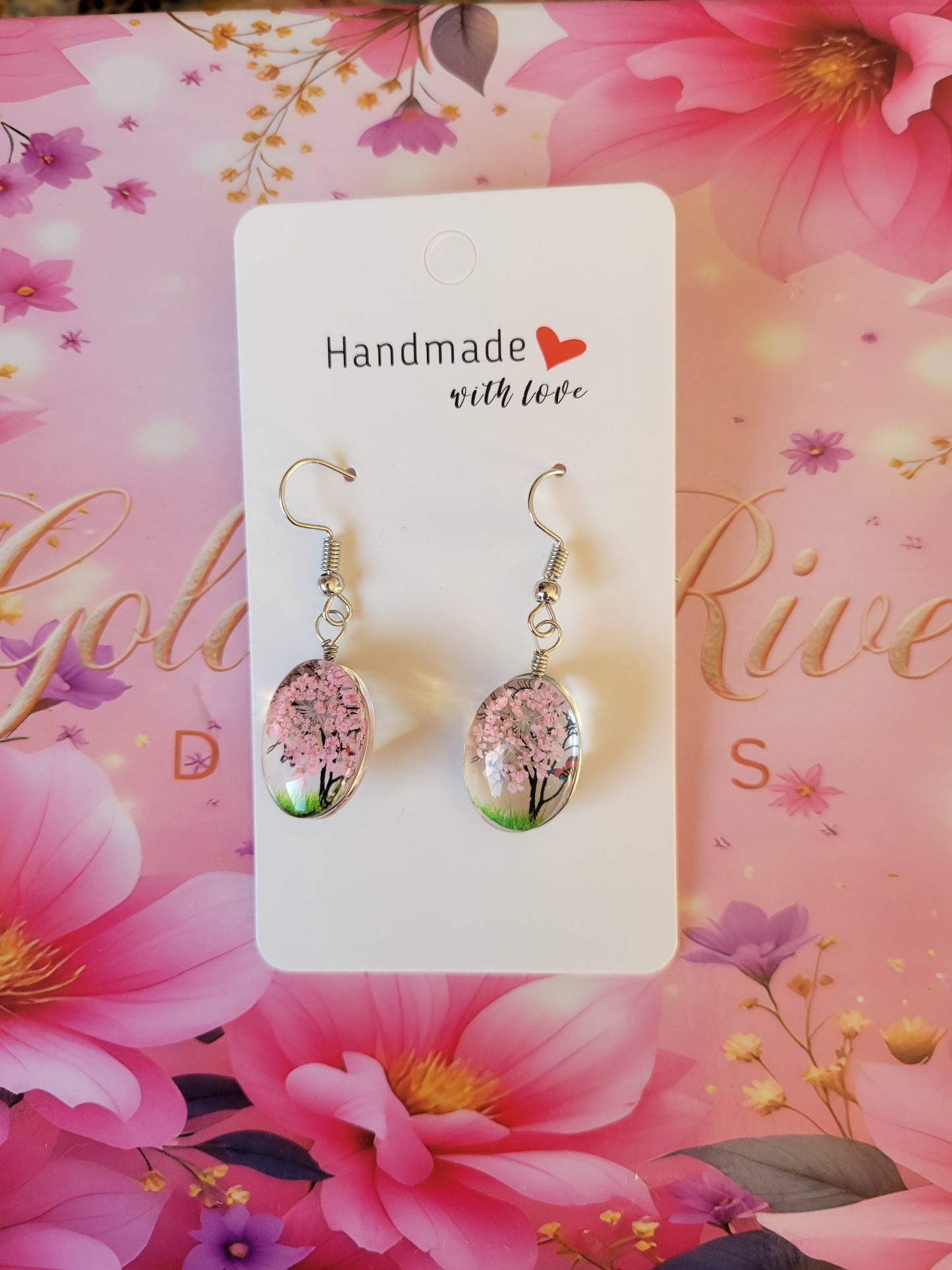 Silver Plated Baby Pink Real Dried Flower Resin Earrings