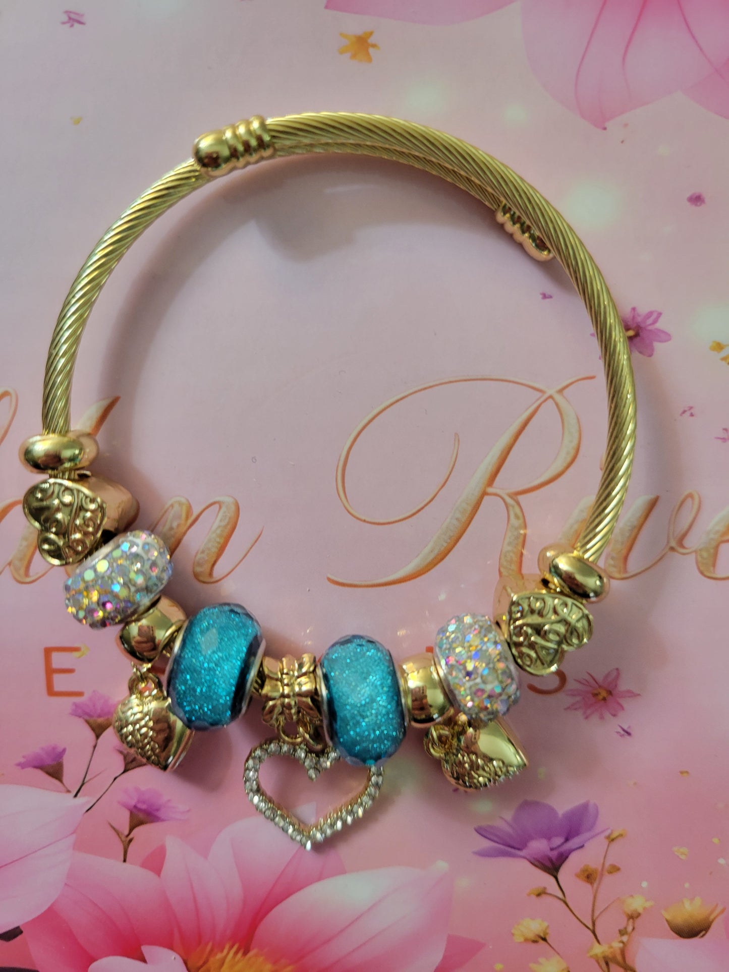 18K Gold Plated Blue Heart Stainless Steel Bangles