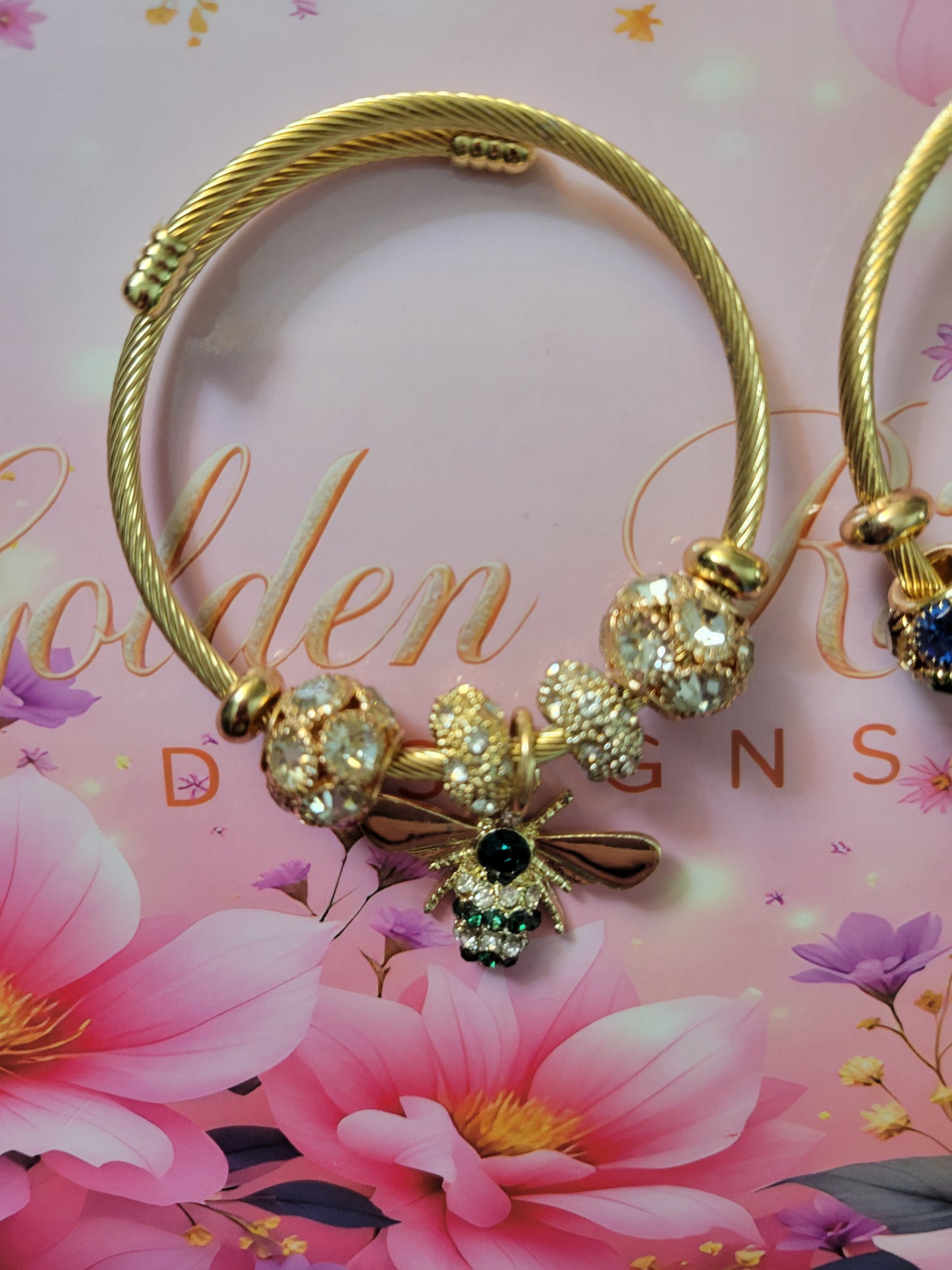 18K Gold Plated Red and Green Bee Stainless Steel Bangles