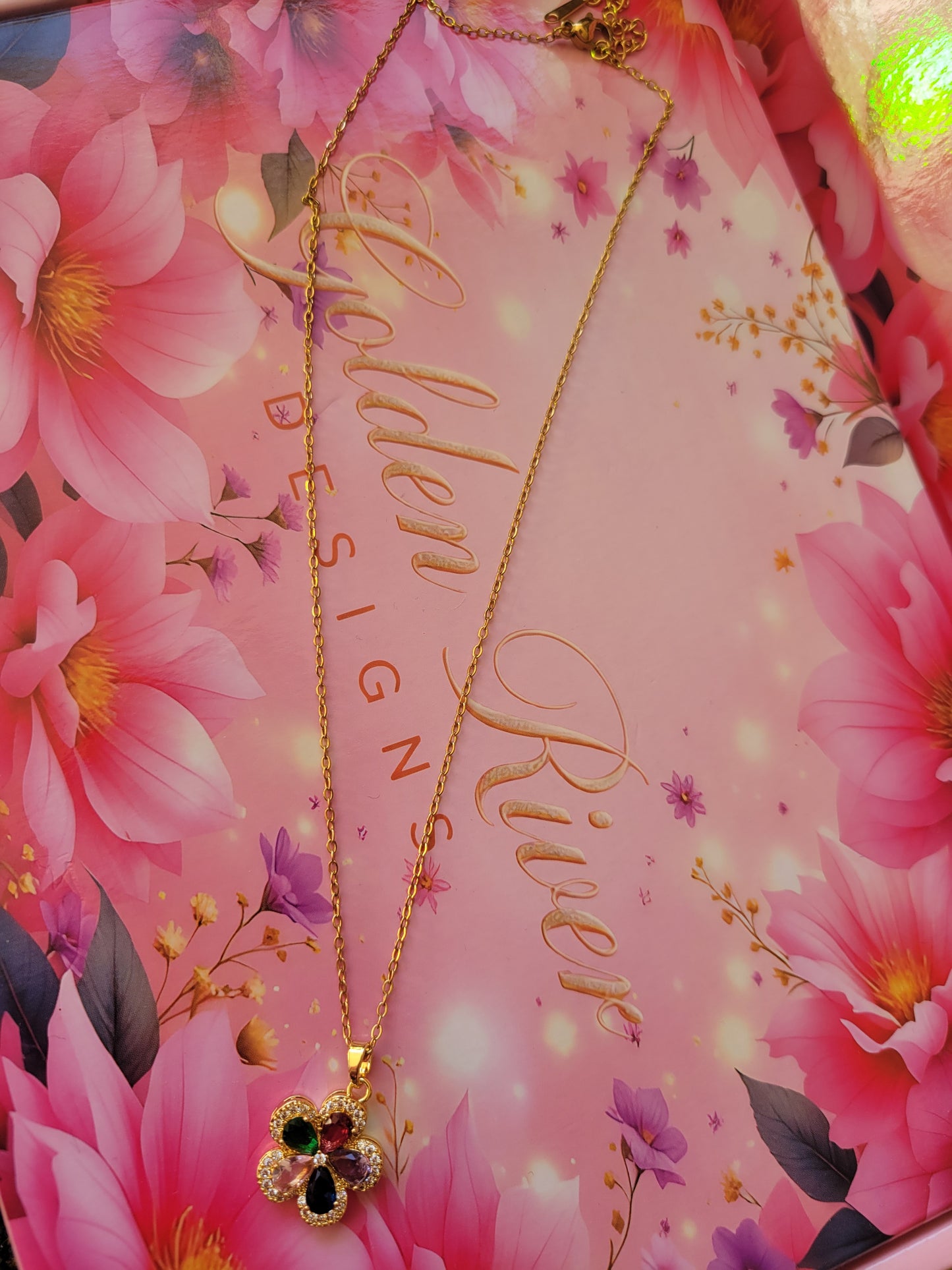 18K Gold Plated Zircon Multi Shade Flower Necklace