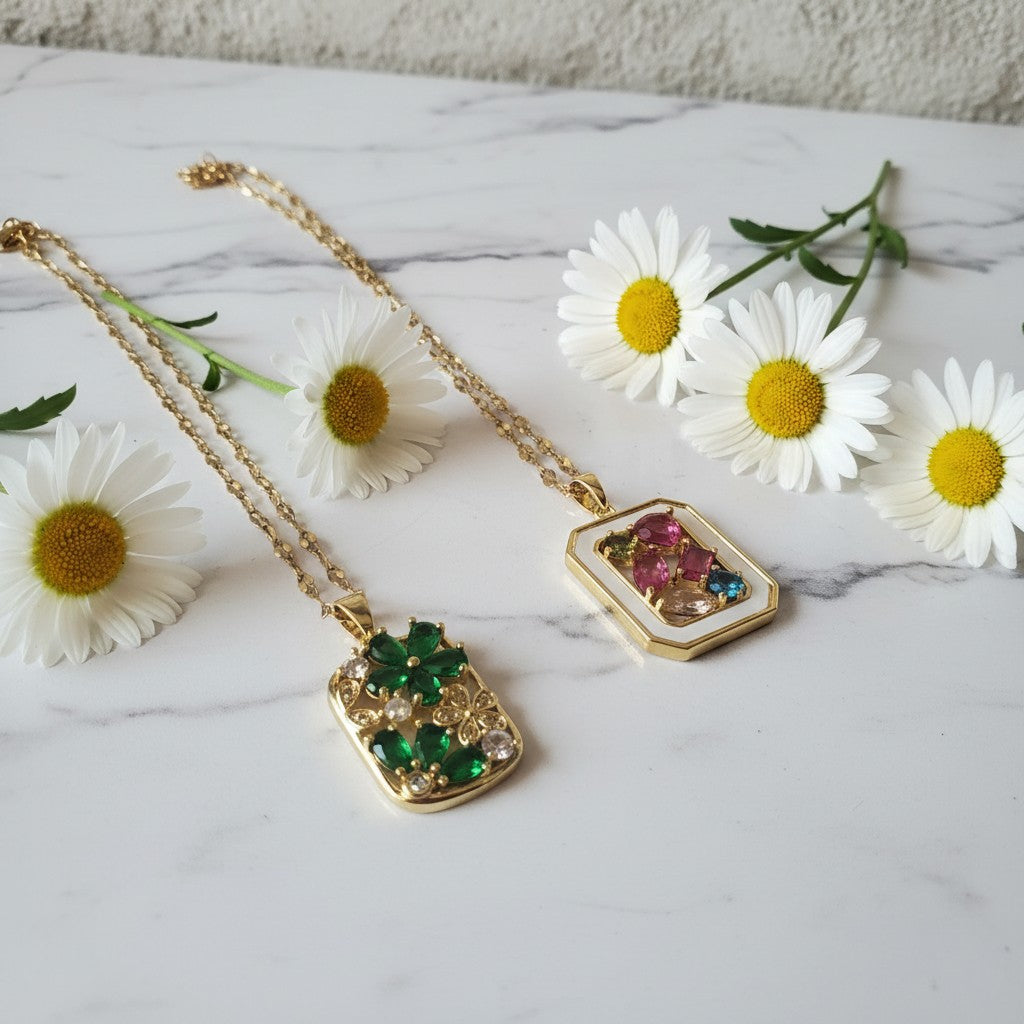18K Gold PVD On Stainless Steel & Zircon Flower Necklaces