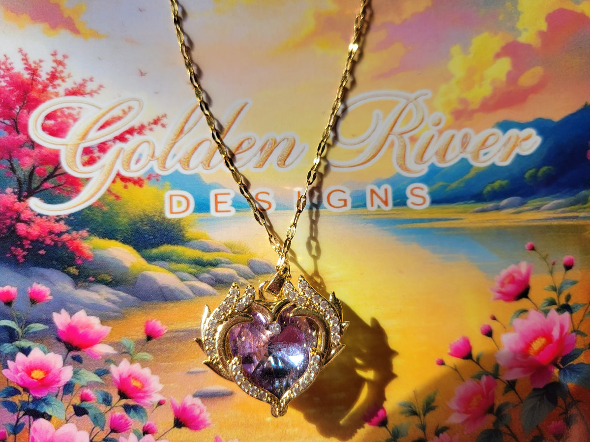 18K Gold PVD On Stainless Steel & Purple Zircon Heart Necklace