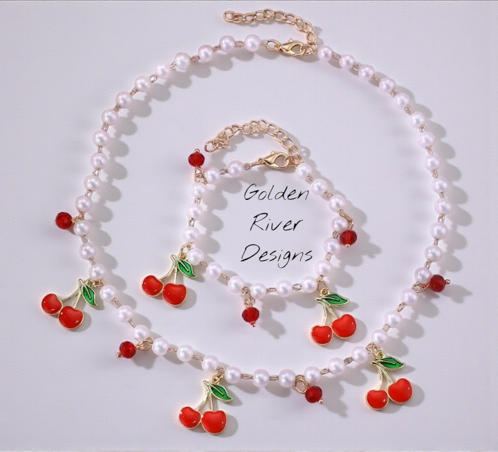 Cherry & Pearl Necklace And Bracelet Set – Fruit Pendant Jewelry