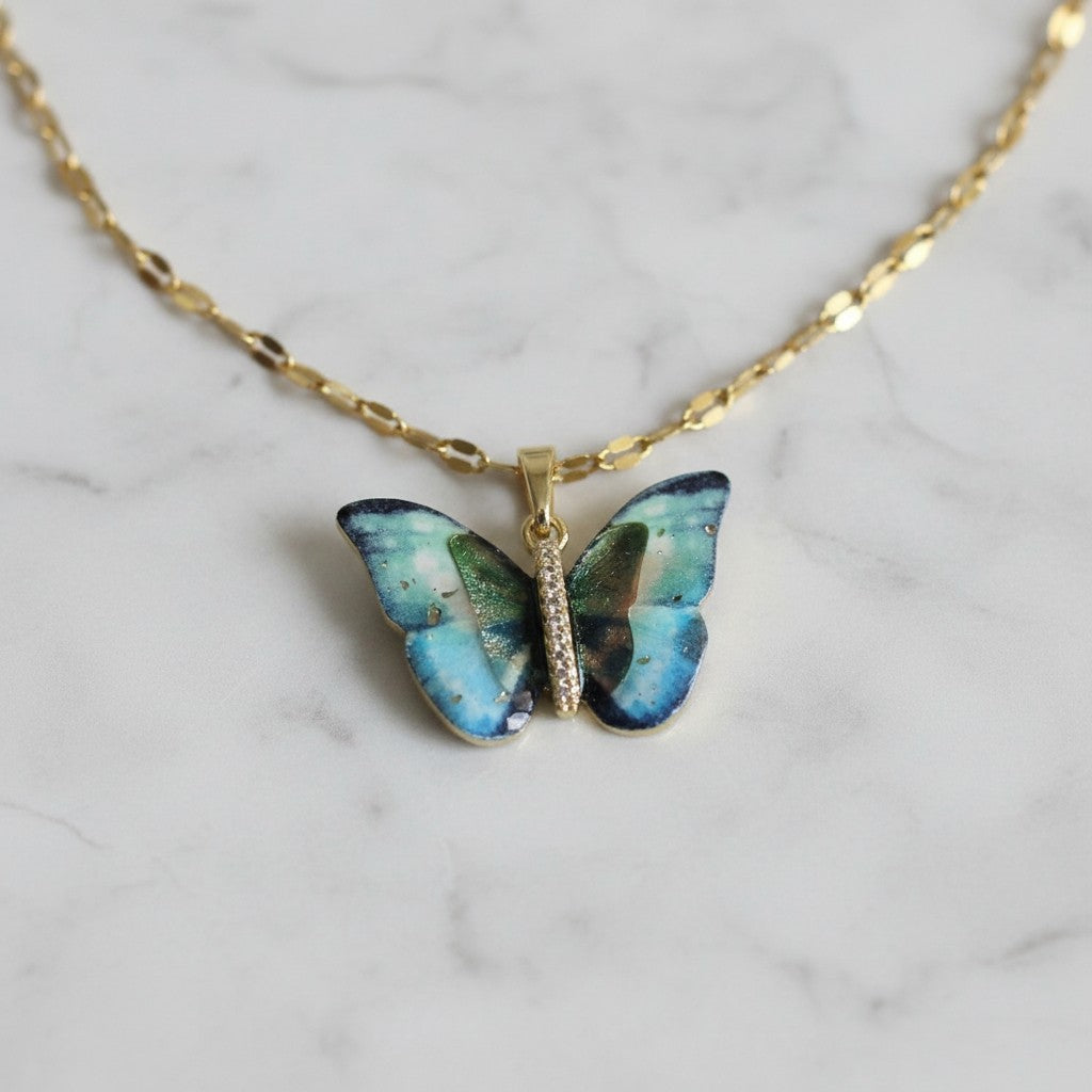 18K Gold PVD Stainless Steel Zircon Green Butterfly Necklace
