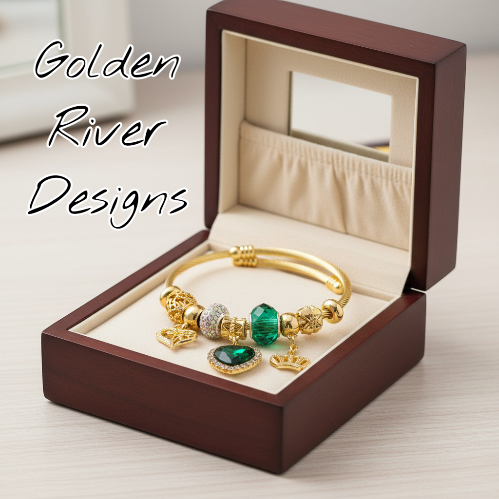 18K Gold Plated Green And Dark Plum Heart Stainless Steel Bangles