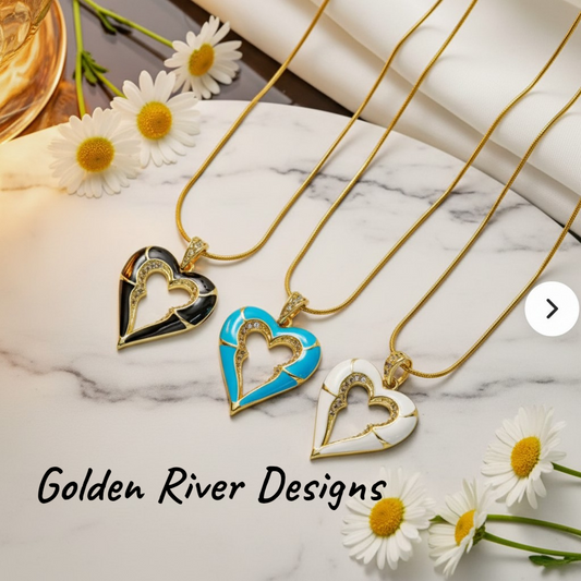 18K Gold PVD Stainless Steel Heart Necklace, Enamel & Zircon Pendant