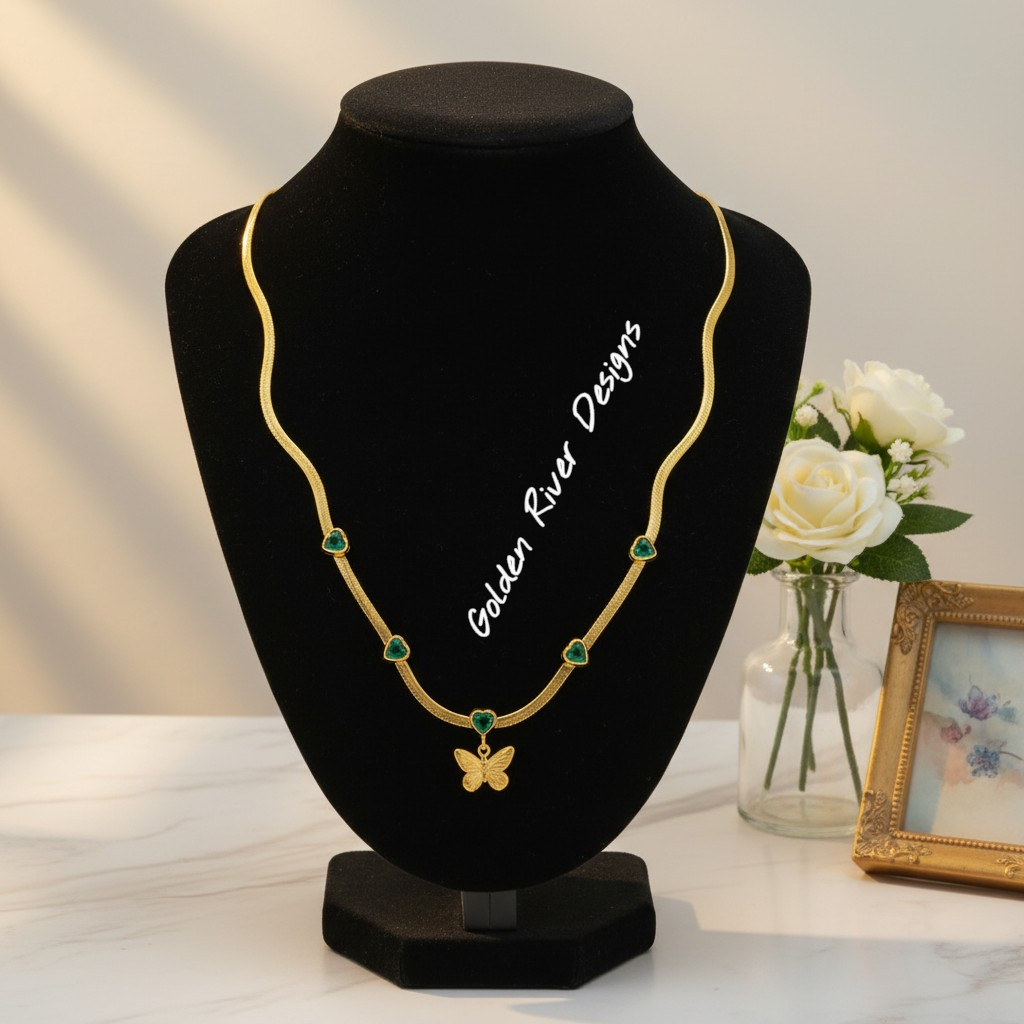 18K Gold Plated on Stainless Steel Butterfly Necklace, Zircon Crystal Pendant