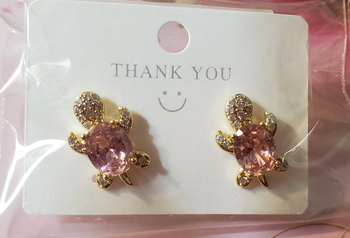 18K Gold Plated Zircon Pink Turtle Earrings