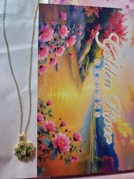 18K Gold Plated Green Flower Necklace, Zircon Jewelry, Dainty Pendant