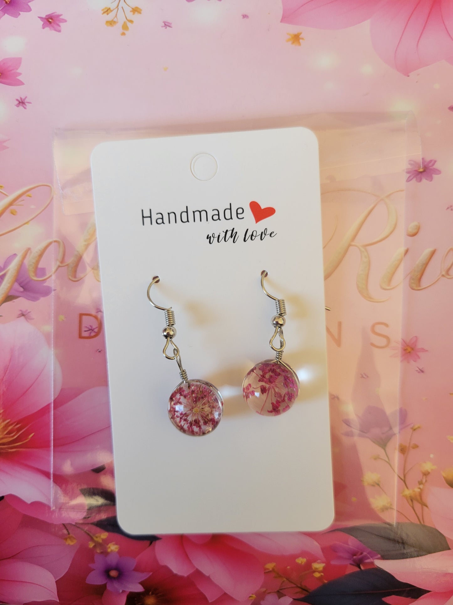 Silver Plated Real Dried Pink Flower Resin Earrings - Round