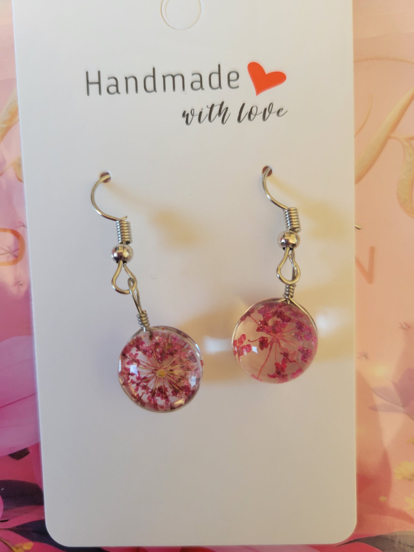 Silver Plated Real Dried Pink Flower Resin Earrings - Round