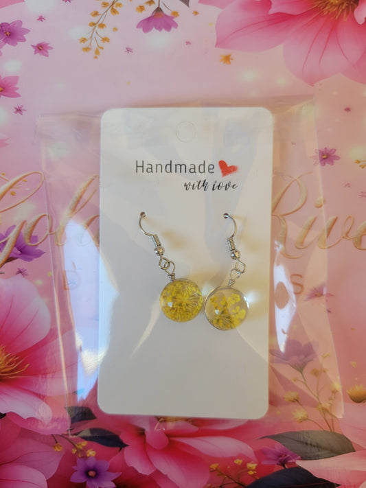 Silver Plated Real Dried Golden Flower Resin Earrings - Round