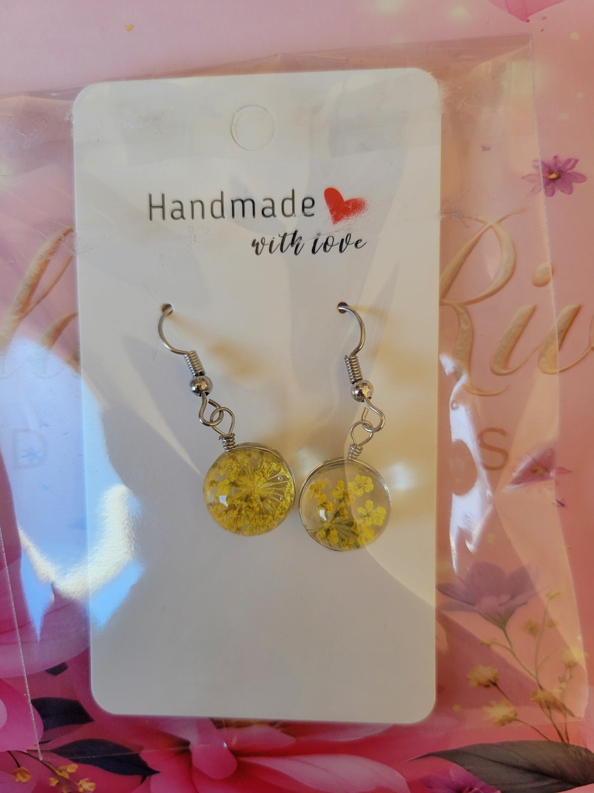 Handmade Real Dried Golden Flower Resin Earrings