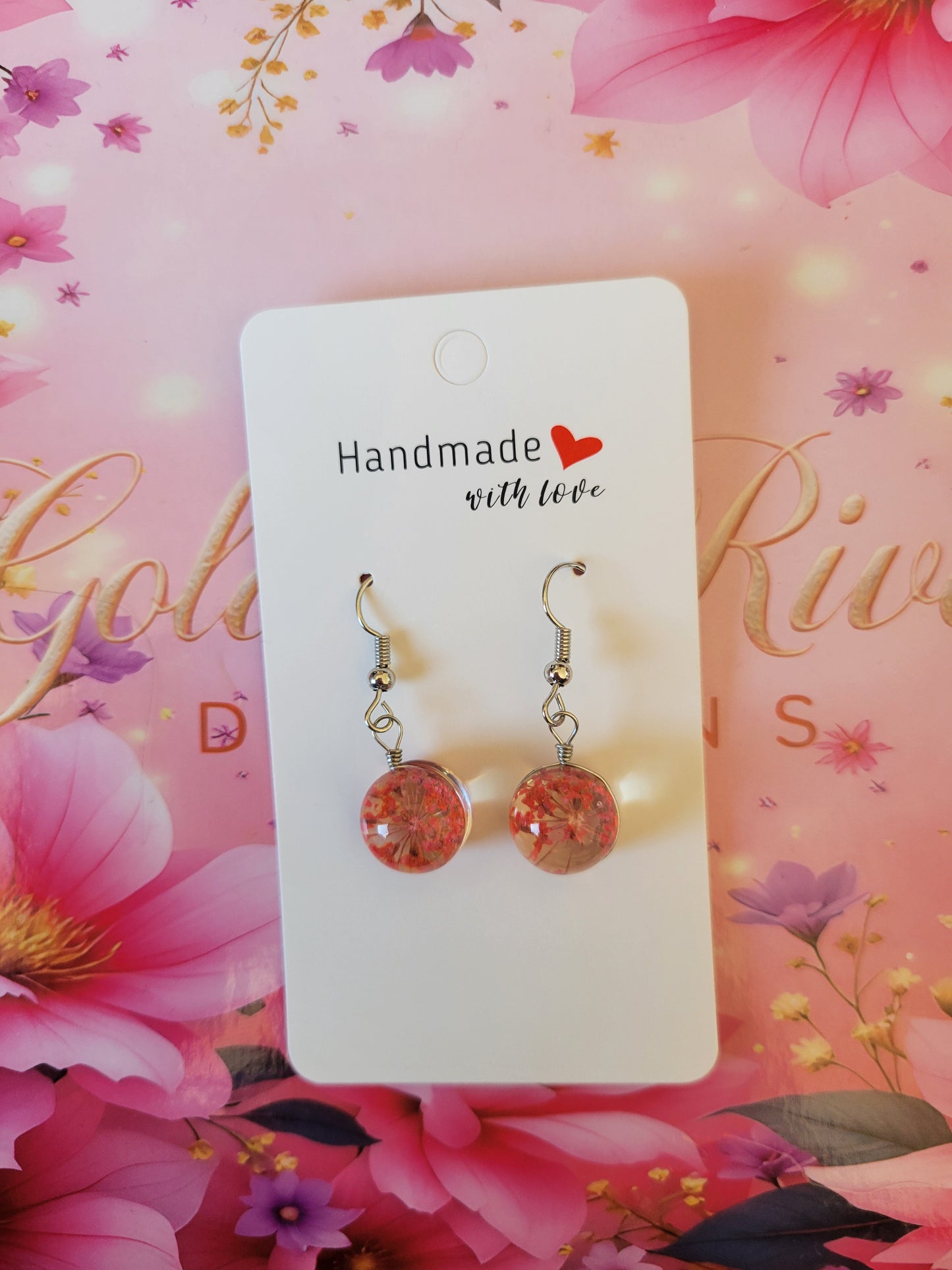 Silver Plated Real Dried Orange Flower Resin Earrings - Round