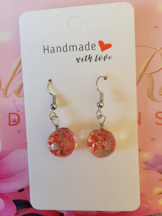 Silver Plated Real Dried Orange Flower Resin Earrings - Round