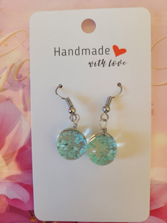 Silver Plated Real Dried Baby Blue Flower Resin Earrings - Round