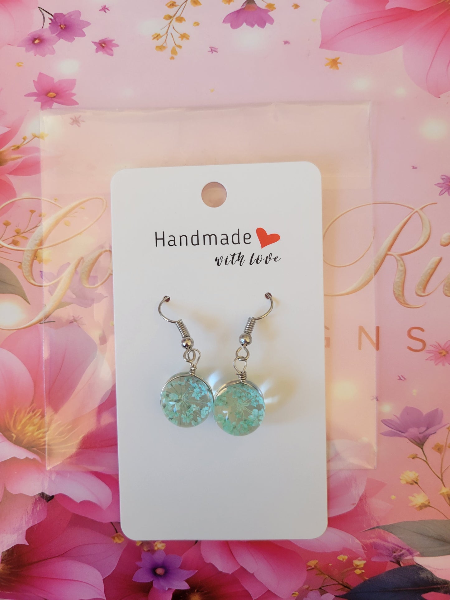 Silver Plated Real Dried Baby Blue Flower Resin Earrings - Round