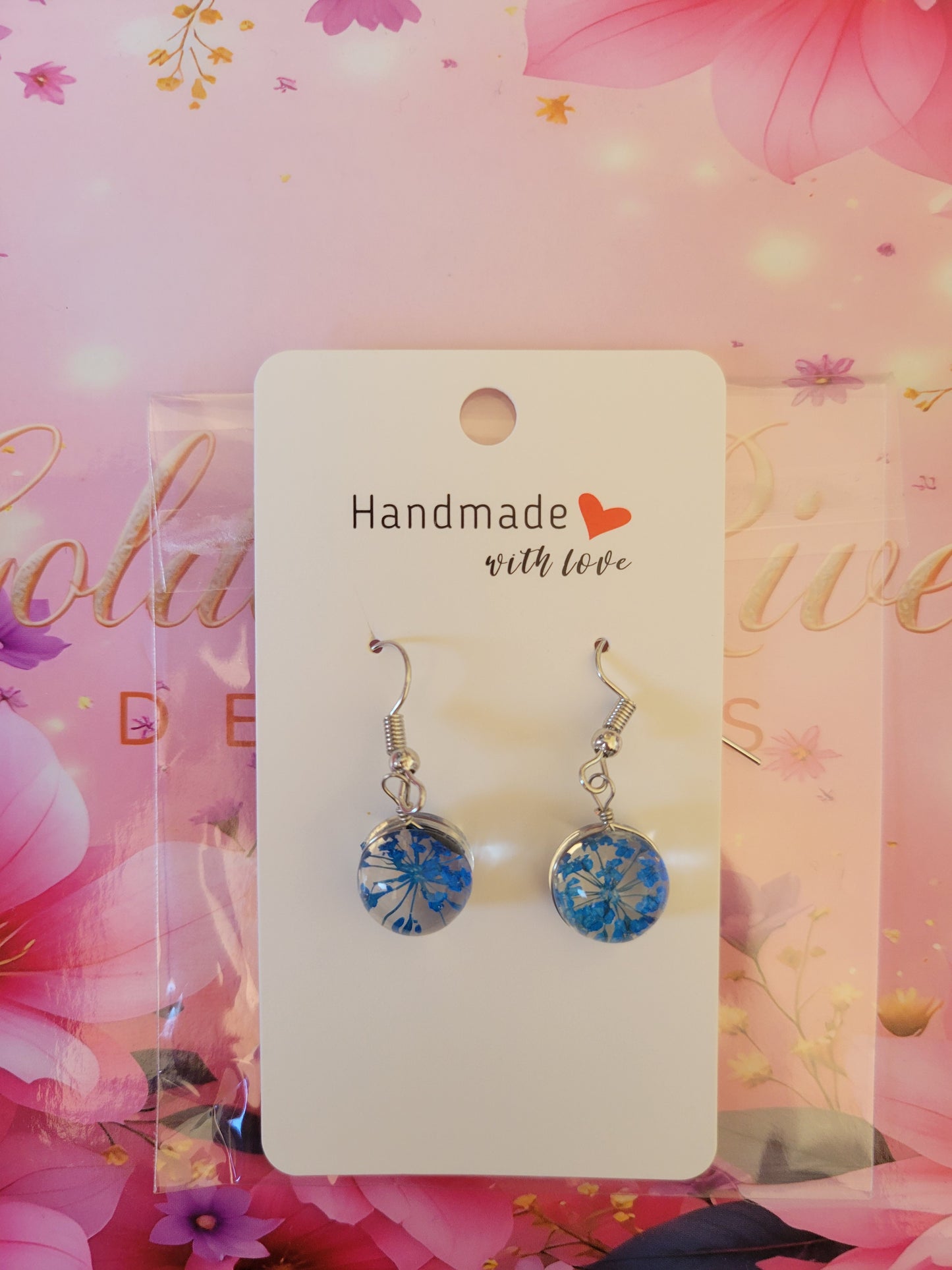 Silver Plated Real Dried Night Blue Flower Resin Earrings - Round