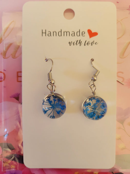 Silver Plated Real Dried Night Blue Flower Resin Earrings - Round