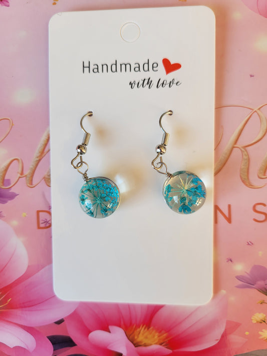 Silver Plated Real Dried Turquoise Flower Resin Earrings - Round