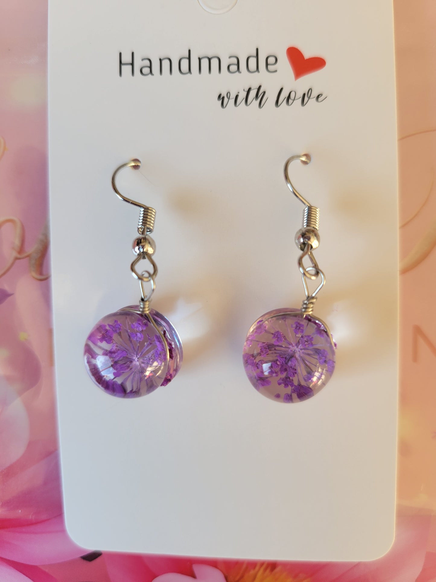 Silver Plated Real Dried Violet Flower Resin Earrings - Round