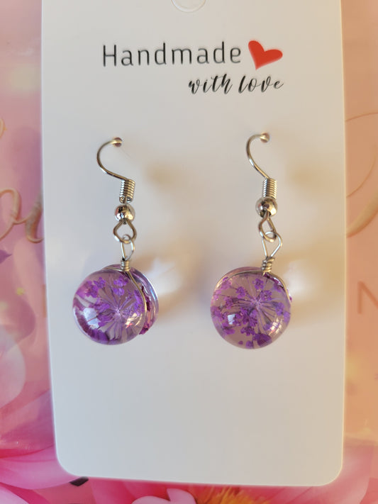 Silver Plated Real Dried Violet Flower Resin Earrings - Round