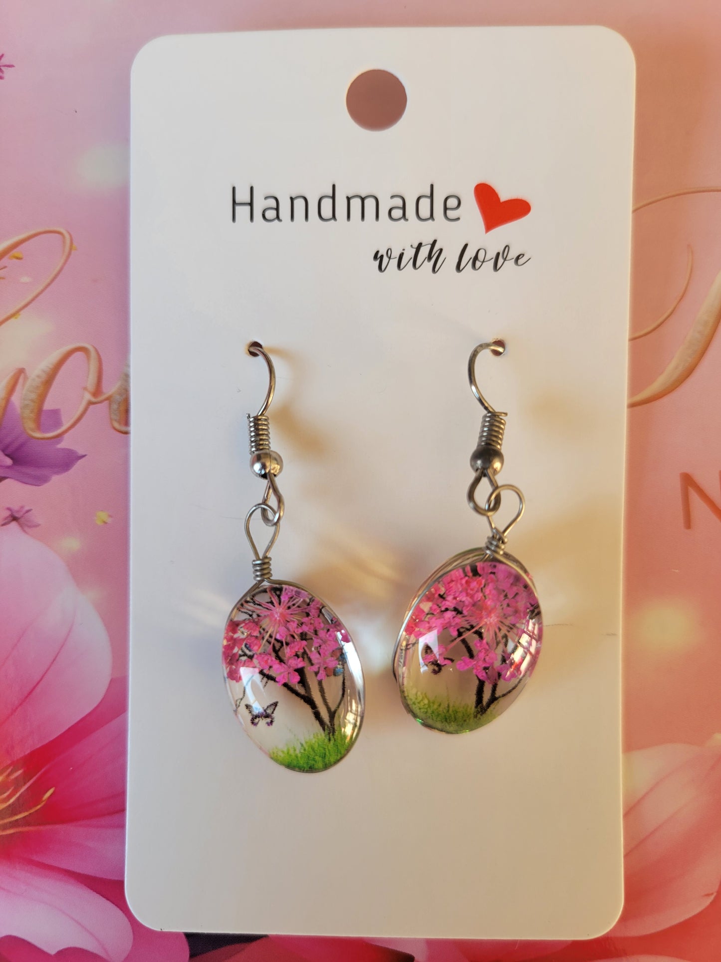 Silver Plated Magenta Real Dried Flower Resin Earrings