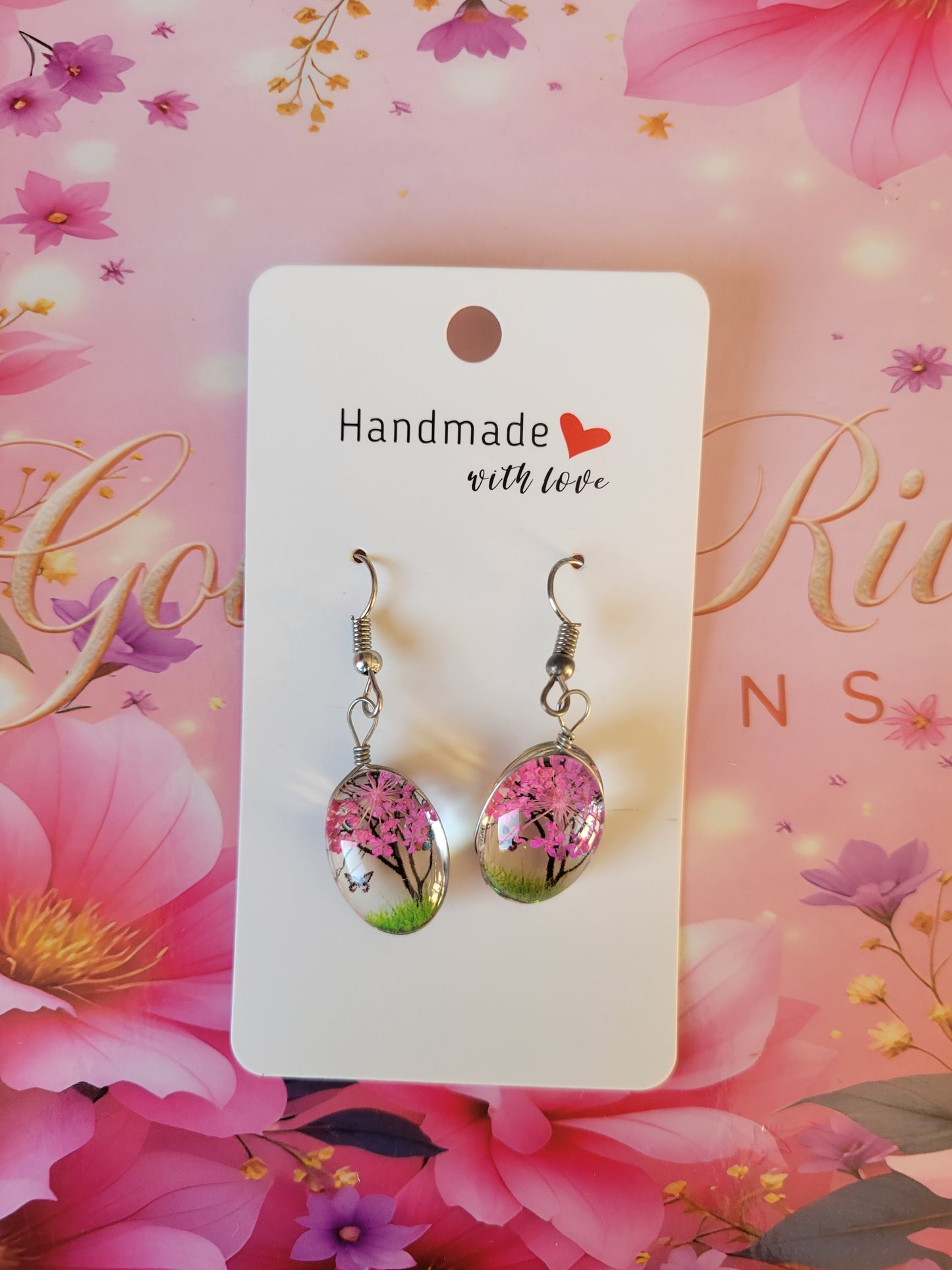 Silver Plated Magenta Real Dried Flower Resin Earrings