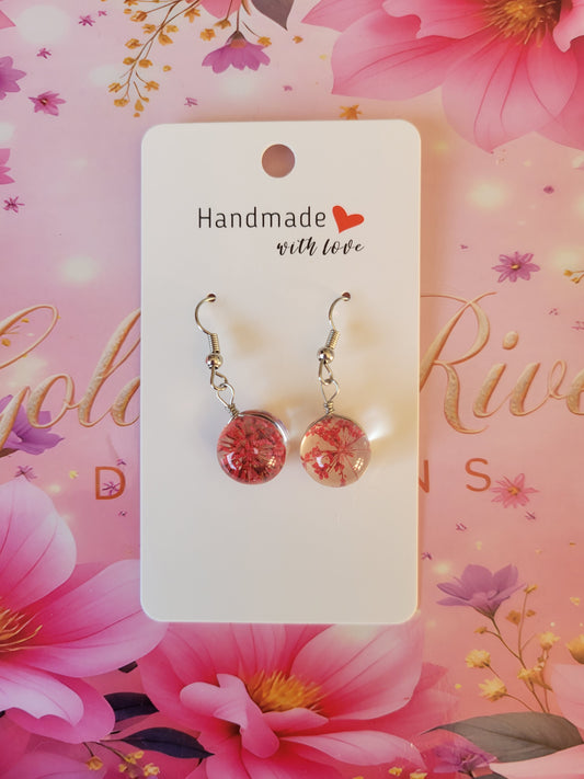 Silver Plated Real Dried Red Flower Resin Earrings - Round