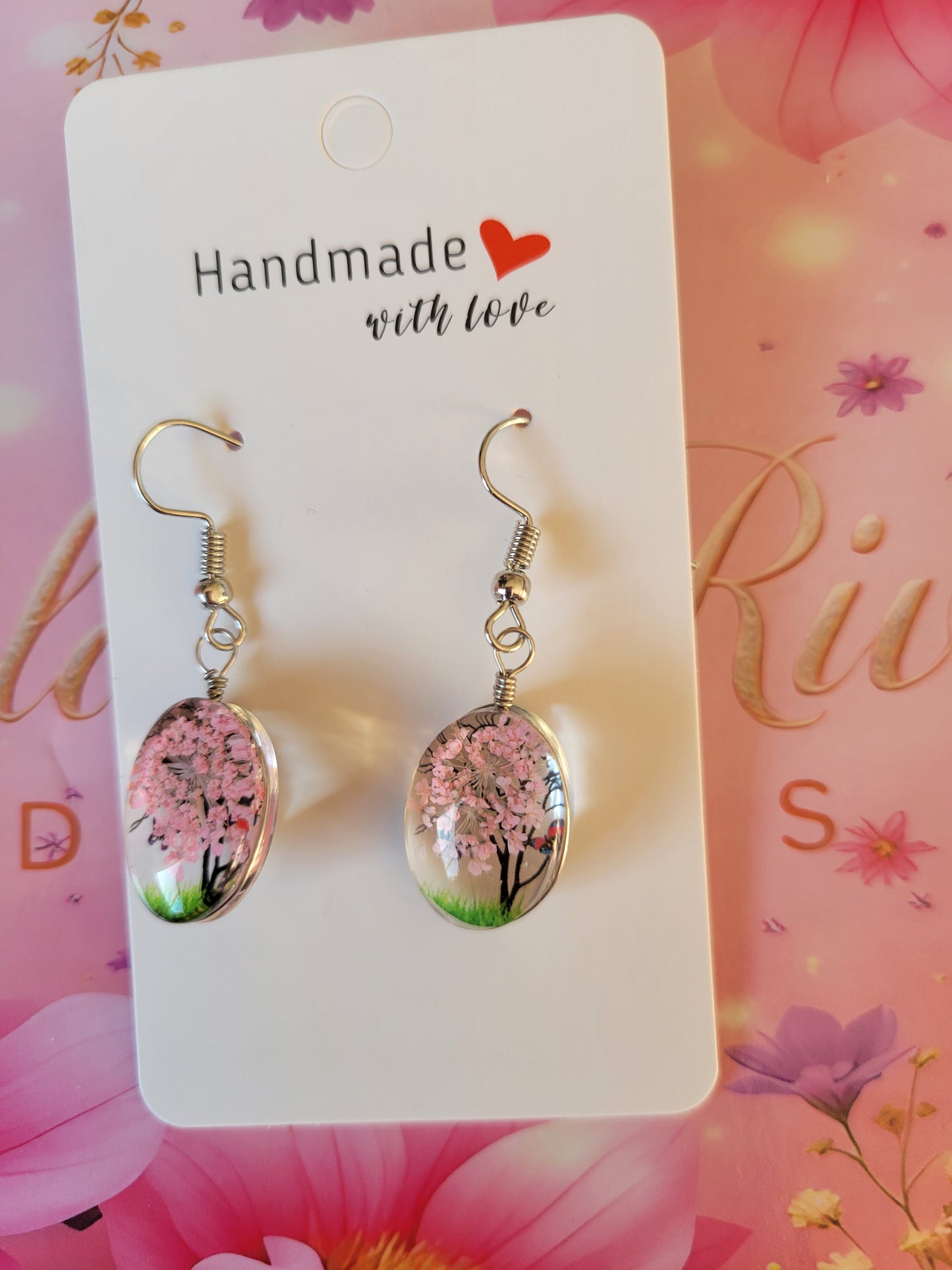 Silver Plated Baby Pink Real Dried Flower Resin Earrings