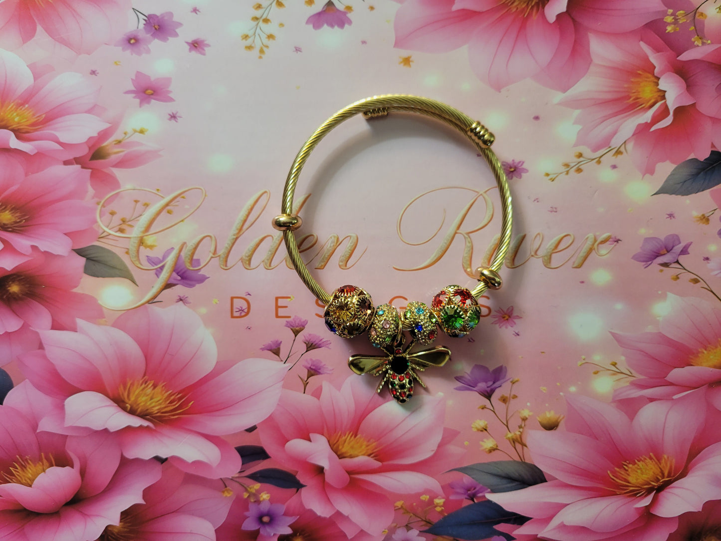 18K Gold Plated Red and Green Bee Stainless Steel Bangles