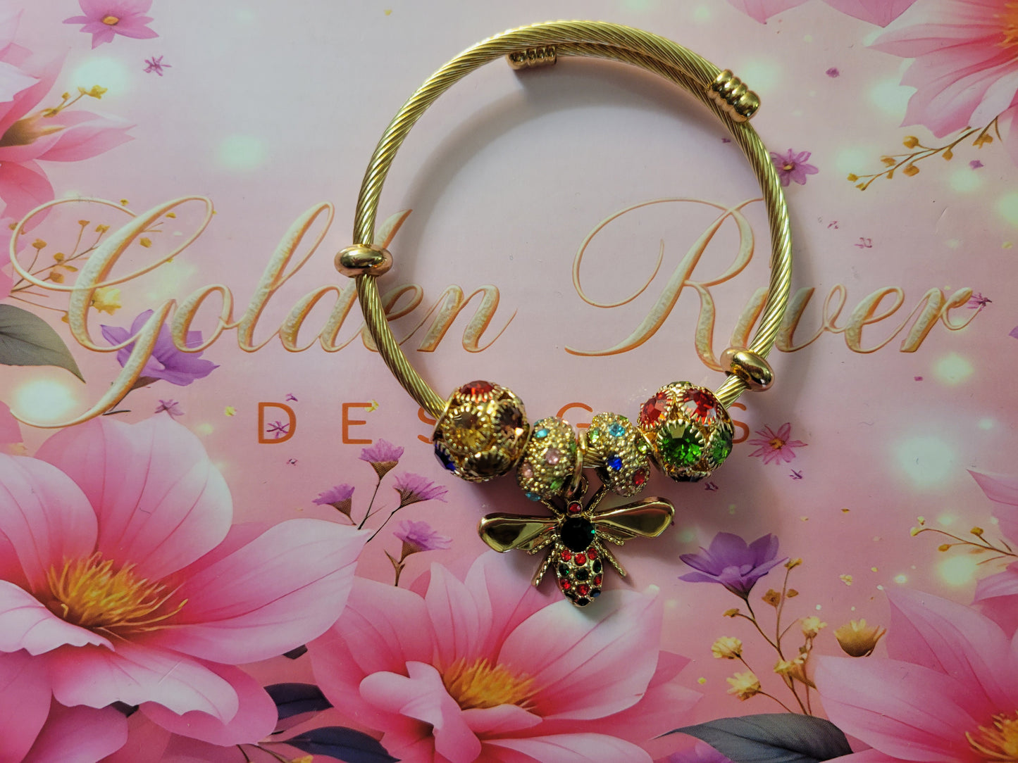 18K Gold Plated Red and Green Bee Stainless Steel Bangles