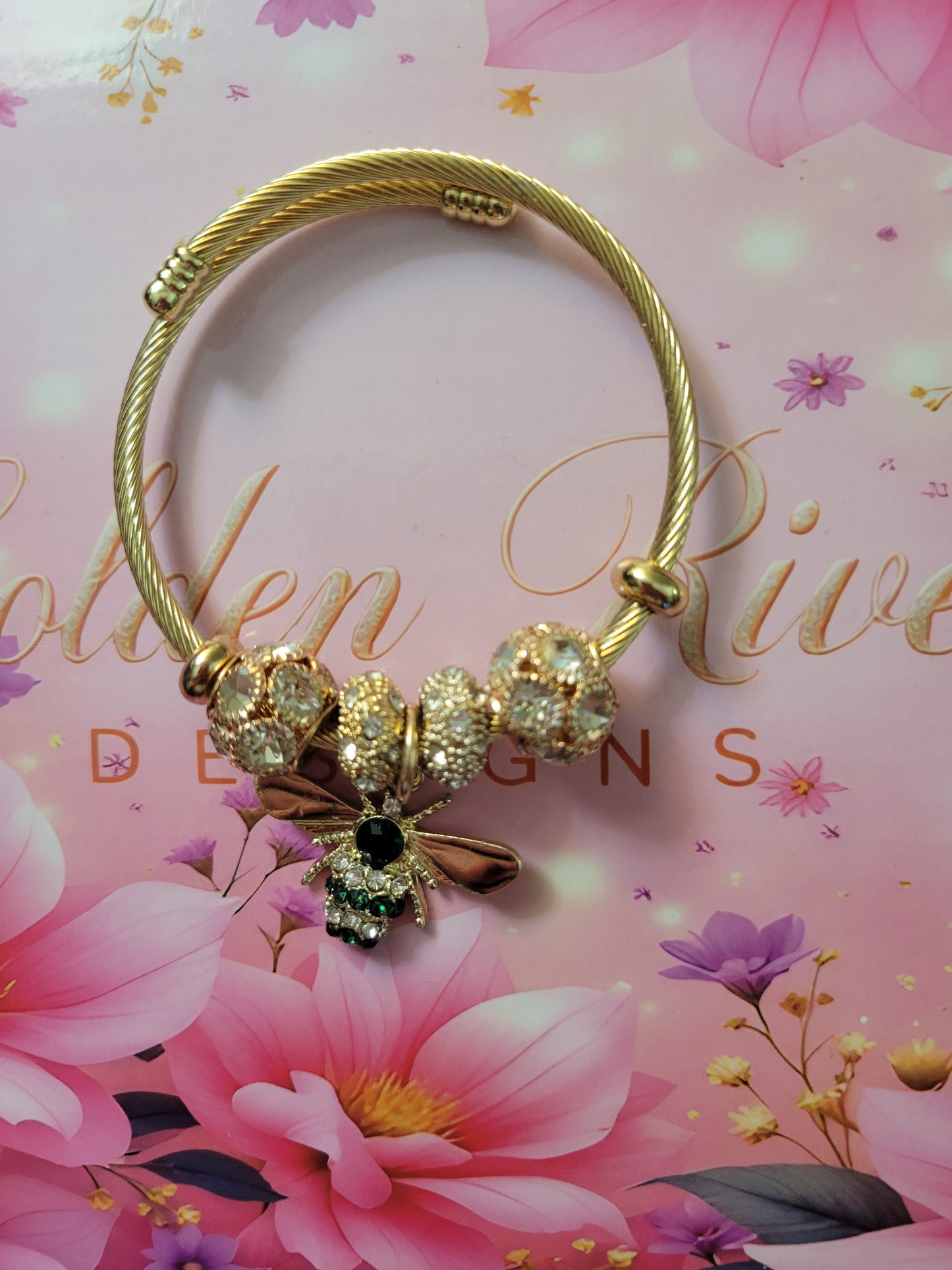 18K Gold Plated Red and Green Bee Stainless Steel Bangles