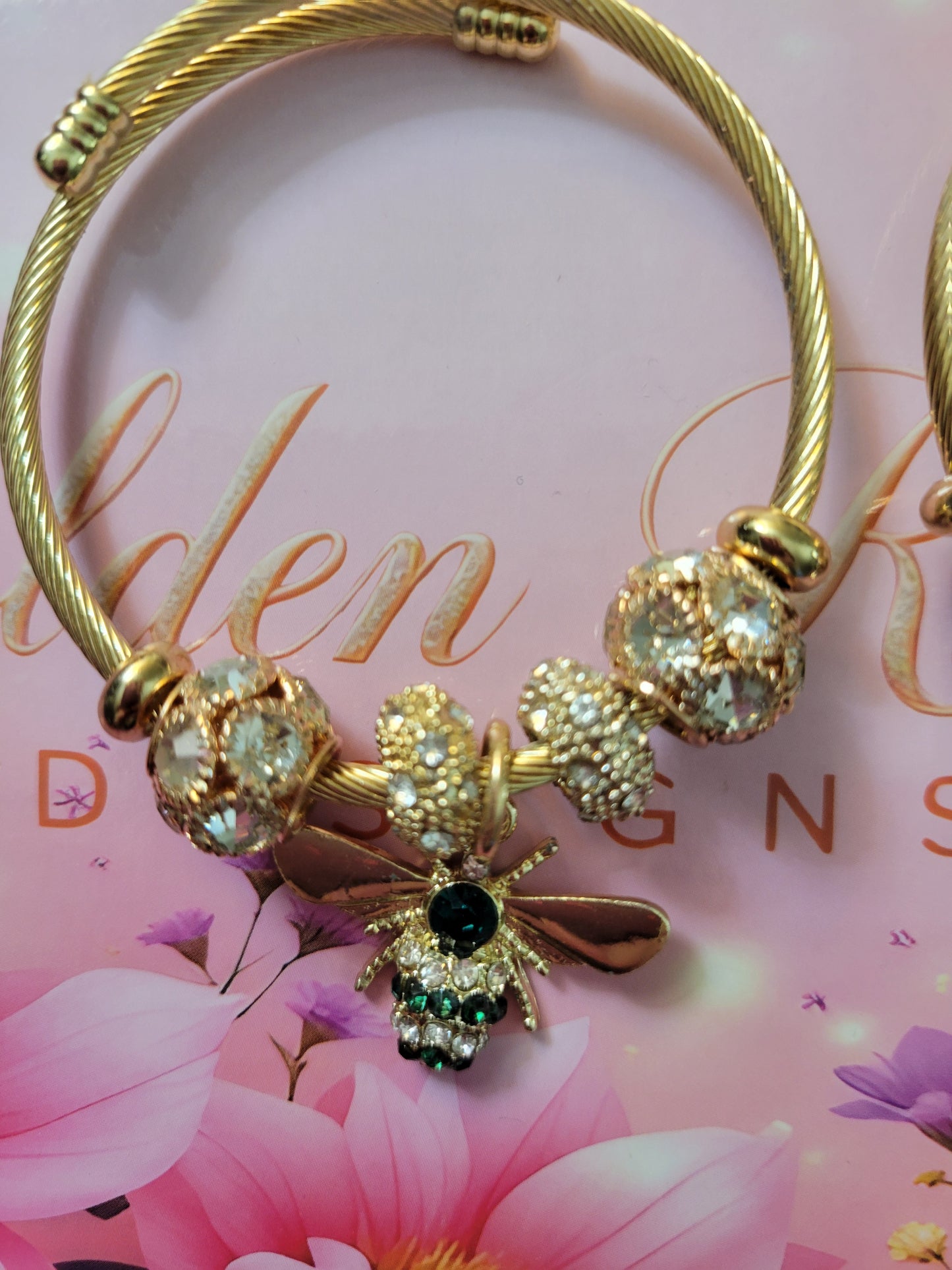 18K Gold Plated Red and Green Bee Stainless Steel Bangles