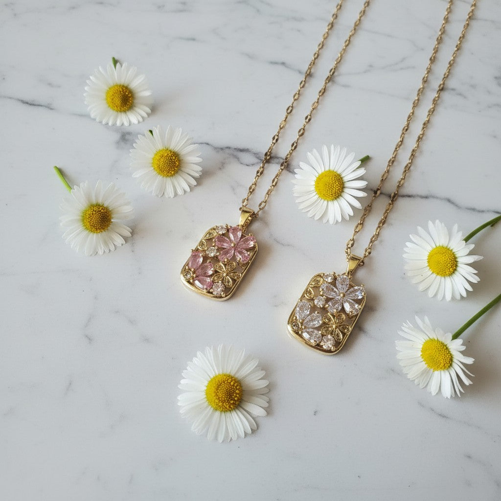18K Gold PVD On Stainless Steel & Zircon Flower Necklaces