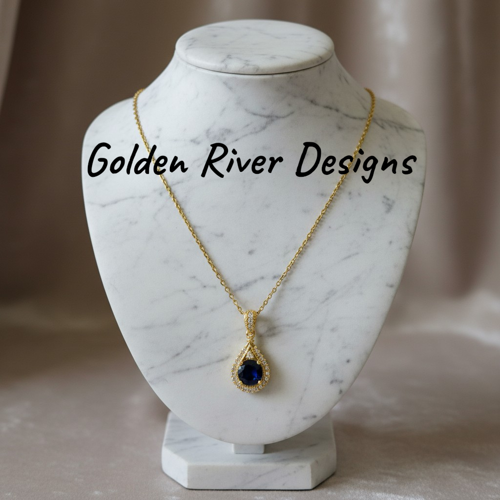 18K Gold PVD On Stainless Steel & Blue Oval Zircon Necklace