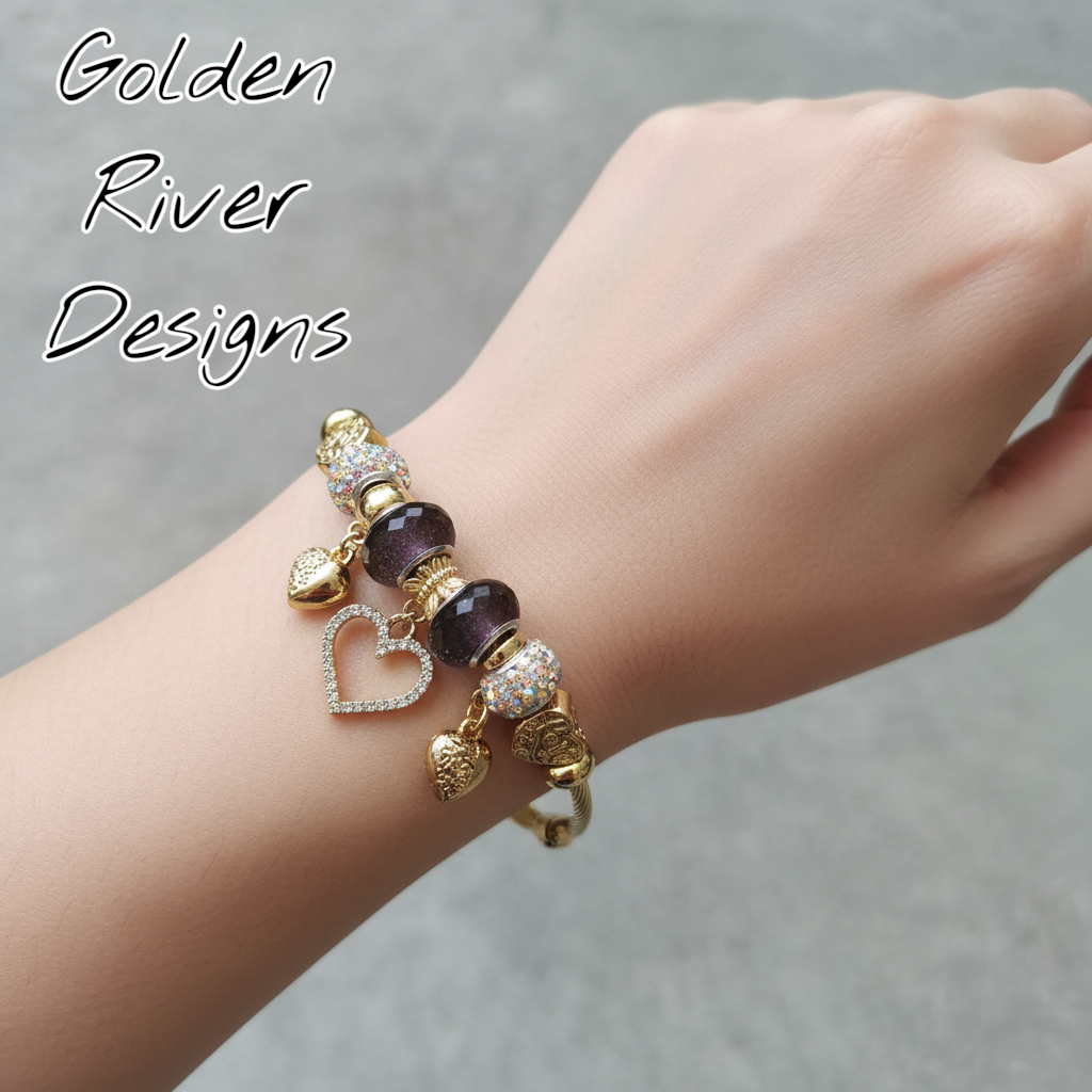 18K Gold Plated Green And Dark Plum Heart Stainless Steel Bangles