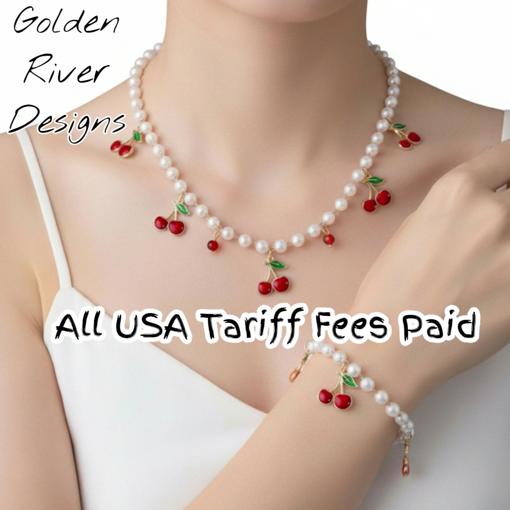 Cherry & Pearl Necklace And Bracelet Set – Fruit Pendant Jewelry