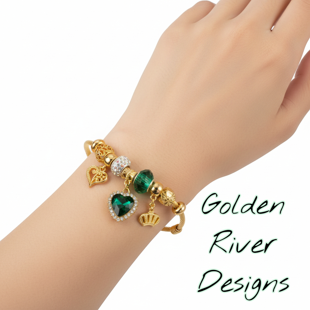 18K Gold Plated Green And Dark Plum Heart Stainless Steel Bangles