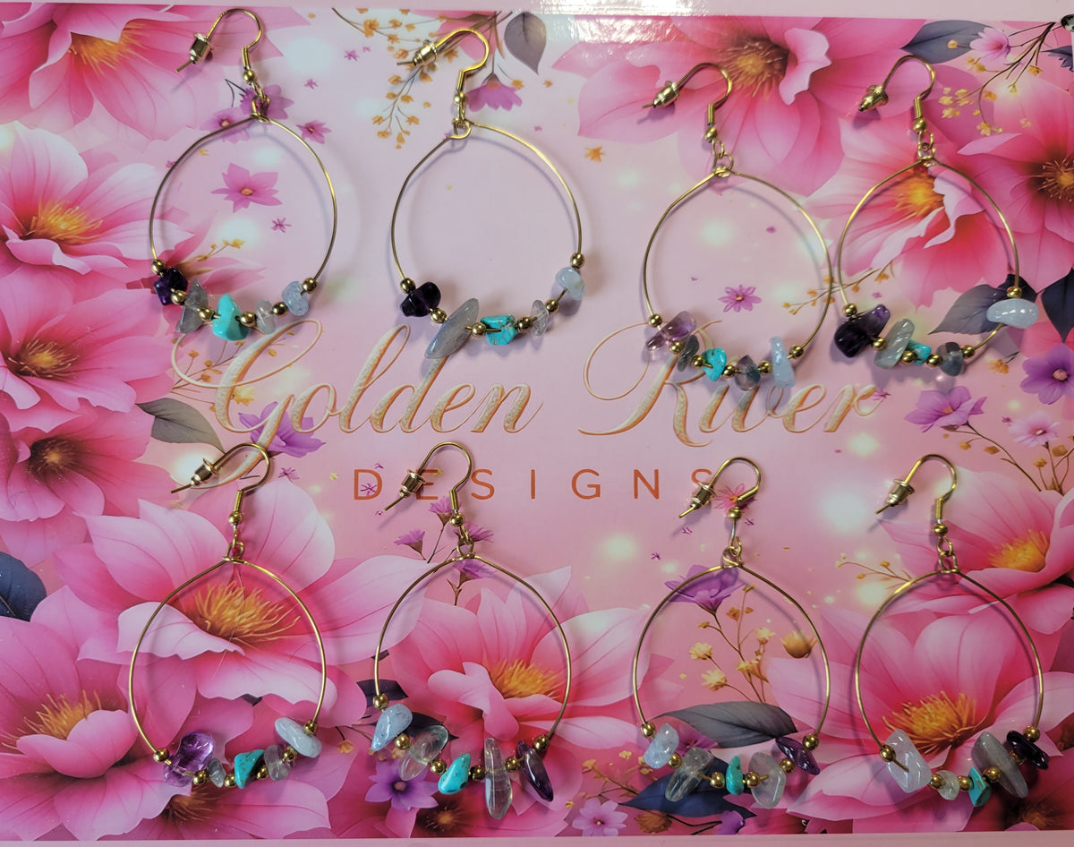 Handmade Shimmery 14K Gold Plated Quartz Drop Hoop Earrings (March Birthday)