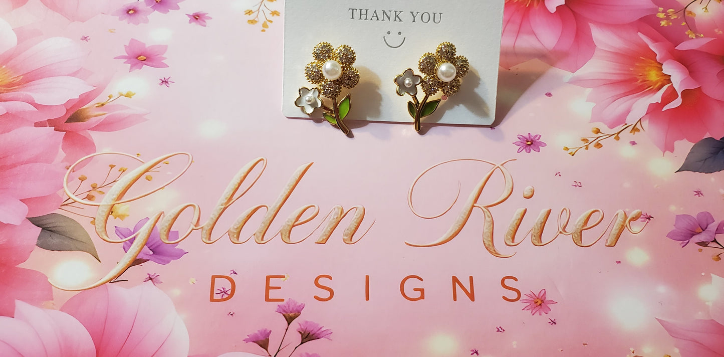 18K Gold Plated Zircon Pearl Flower Earrings