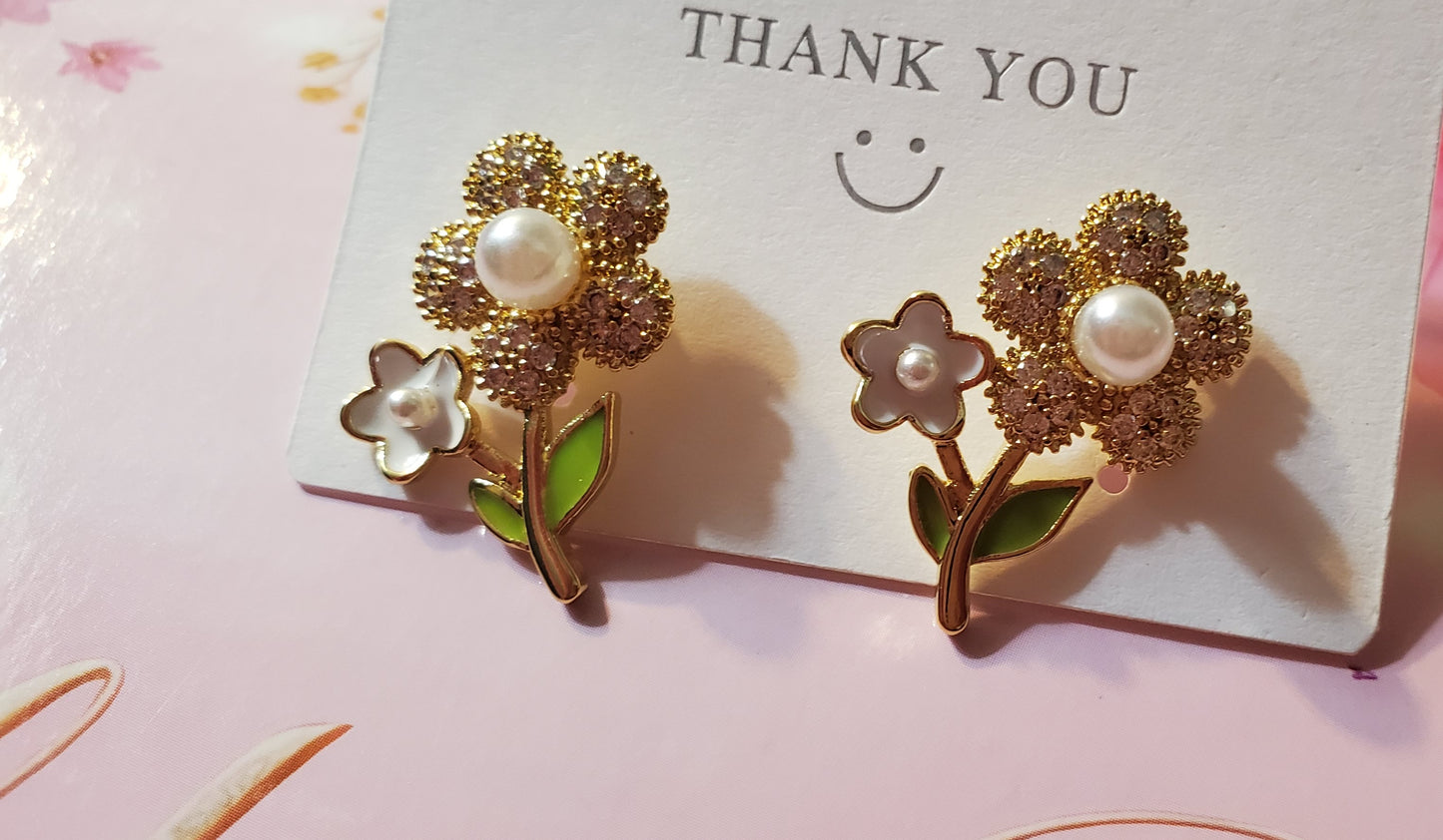 18K Gold Plated Zircon Pearl Flower Earrings