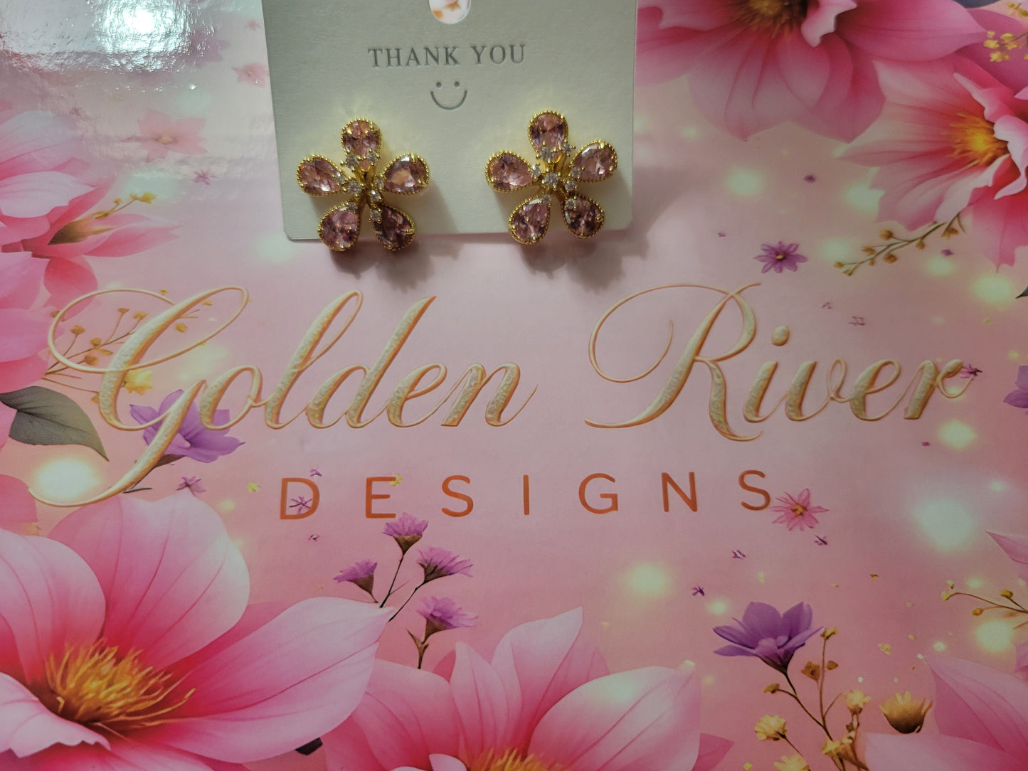 18K Gold Plated Pink Flower Earrings, Sparkling Studs, Dainty Gold Jewelry, Everyday Gift for Her